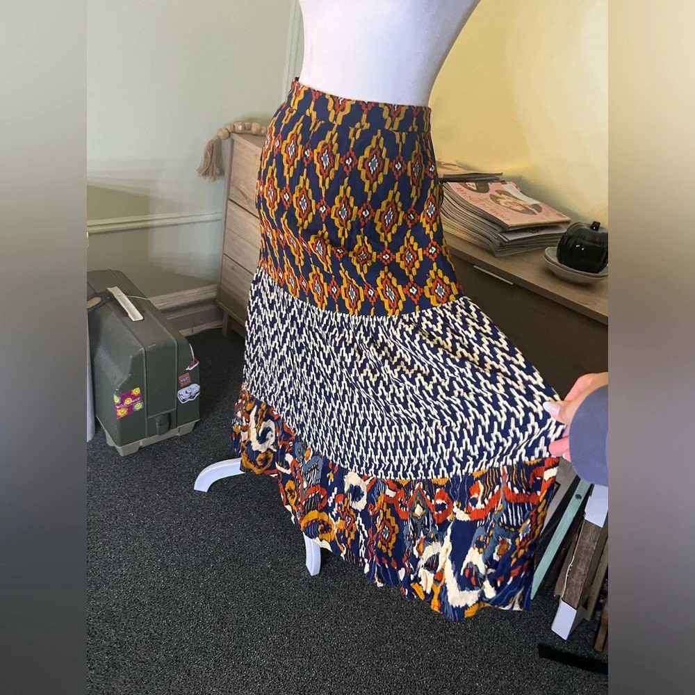 Navy Mixed Tribal & Chevron Print Midi Maxi Flowy Boho Relaxed Fit Skirt Sz XL - Picture 6 of 15